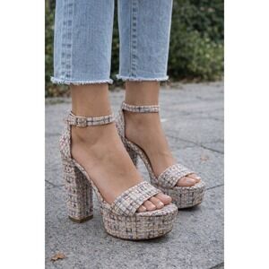 Chinese Laundry Platform Block Heel Sandals Tweed Ankle Strap Size 6.5 or 37